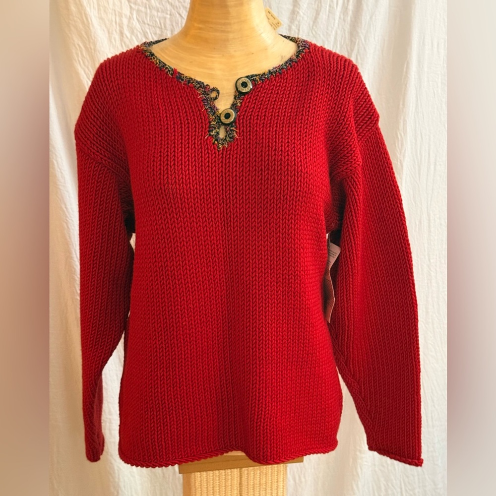 Ani Barrie Elegant Red Knit Sweater with a colorful neckline trim